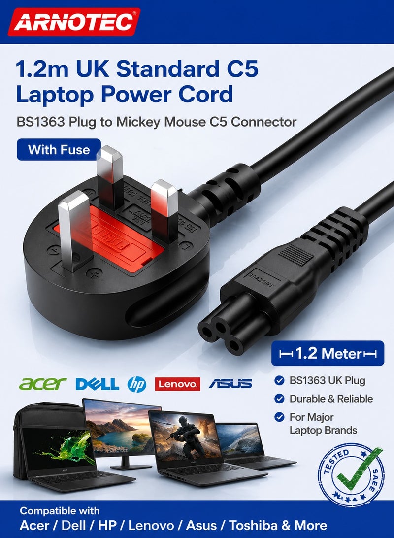 ARNOTEC 1.2m UK Standard C5 Laptop Power Cord – BS1363 Plug to Mickey Mouse C5 Connector, Compatible with Acer/Dell/HP/Lenovo/Asus/Toshiba and More - Image 1