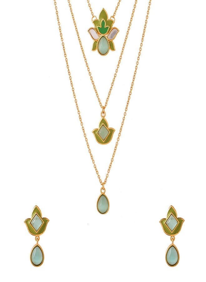 VOYLLA Forever More Green Layered Enamelled Necklace Set Traditional Ethnic Statement Jewellery Anti Tarnish Finish Festive Occasion Womens Day Gift For Wife Sister Girlfriend - Image 1