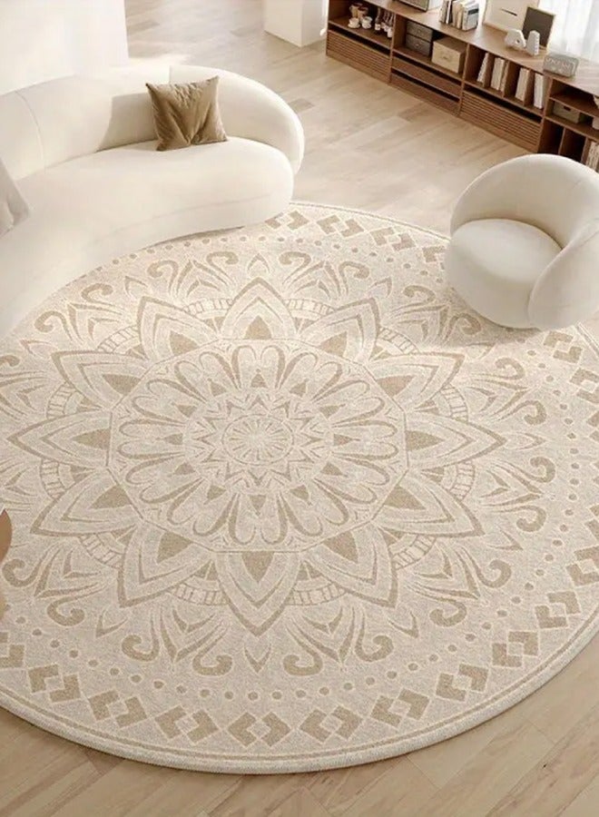 Mandala Round Rug for Living Room Bedroom Dining Kitchen Table Entryway Foyer Thin Washable Circle Area Rug Retro Home Office Circular Carpet Beige 160×160cm - Image 3