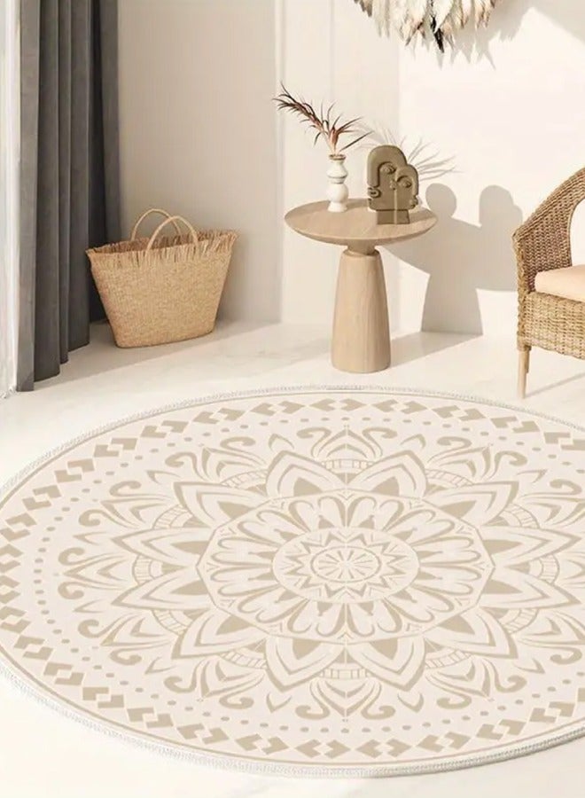 Mandala Round Rug for Living Room Bedroom Dining Kitchen Table Entryway Foyer Thin Washable Circle Area Rug Retro Home Office Circular Carpet Beige 160×160cm - Image 4