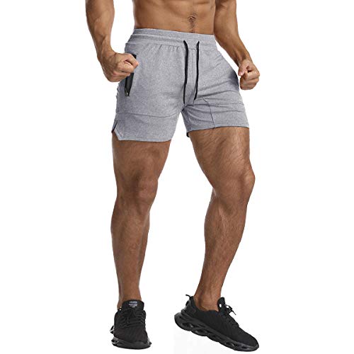 EVERWORTH Men's Solid Gym Workout Shorts Bodybuilding Running Fitted Training Jogging Short Pants with Zipper Pocke Lgrey M Tag XL - Image 2