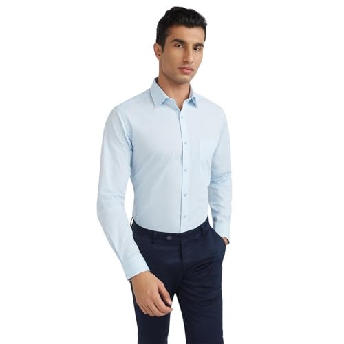 Raymond Men's Slim Fit Formal Shirt | Pure Cotton Solid Pattern Semi Cutaway Collar Office Wear Medium Blue - Image 1