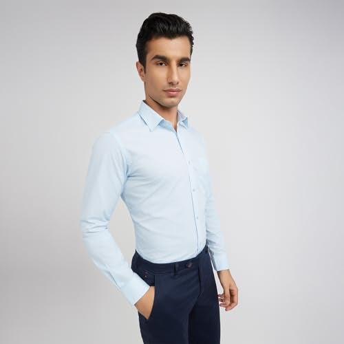 Raymond Men's Slim Fit Formal Shirt | Pure Cotton Solid Pattern Semi Cutaway Collar Office Wear Medium Blue - Image 2
