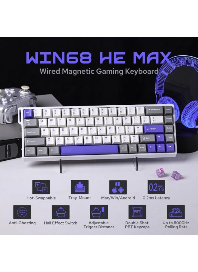 WIN68 HE Max Magnetic Keyboard with Adjustable Actuation, Hall Effect Win Chun Magnetic Switch Keyboard with 0.3ms Latency, RGB 65% Wired Compact Keyboard, 8000 Hz Polling Rate, Hot-Swap
