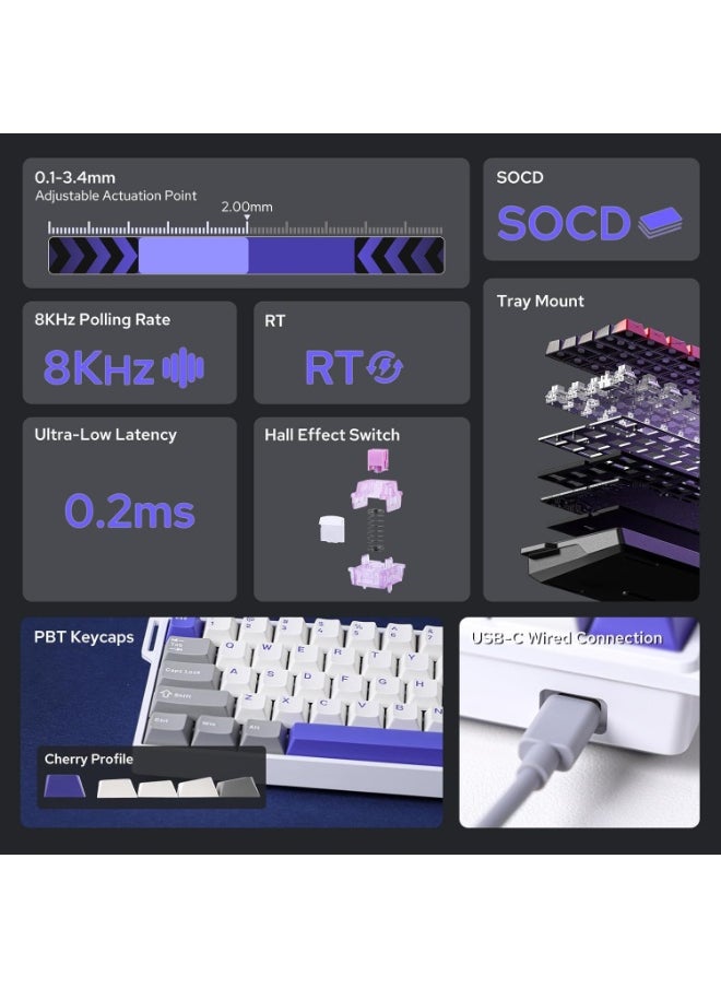 WIN68 HE Max Magnetic Keyboard with Adjustable Actuation, Hall Effect Win Chun Magnetic Switch Keyboard with 0.3ms Latency, RGB 65% Wired Compact Keyboard, 8000 Hz Polling Rate, Hot-Swap