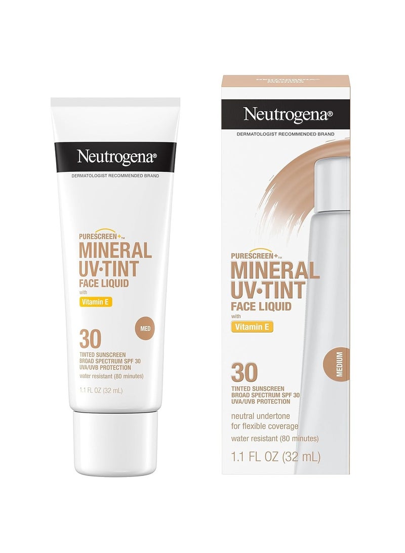 Neutrogena Purescreen+ Tinted Sunscreen for Face with SPF 30, Broad Spectrum Mineral Sunscreen with Zinc Oxide and Vitamin E, Water Resistant, Fragrance Free, Medium, 1.1 fl oz 32 mlml - Image 2