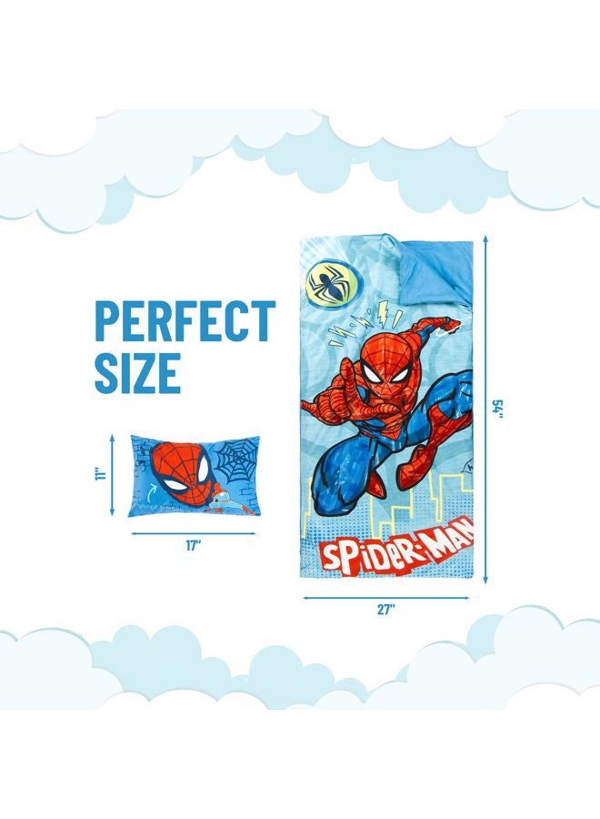 Jay Franco Kids Slumber Bag and Pillow - 54 x 27 Inch Comfy Indoor Sleeping Bag for School and Sleepovers, 2 Piece Set, Blue - Spiderman - Image 2