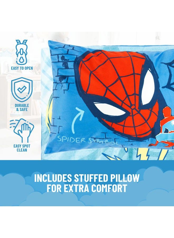 Jay Franco Kids Slumber Bag and Pillow - 54 x 27 Inch Comfy Indoor Sleeping Bag for School and Sleepovers, 2 Piece Set, Blue - Spiderman - Image 4