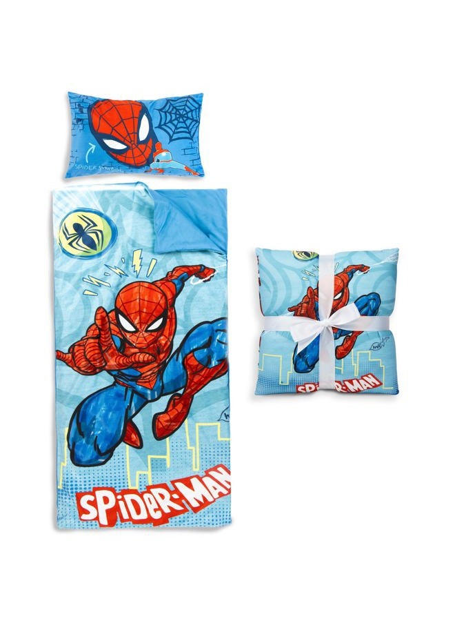 Jay Franco Kids Slumber Bag and Pillow - 54 x 27 Inch Comfy Indoor Sleeping Bag for School and Sleepovers, 2 Piece Set, Blue - Spiderman - Image 1