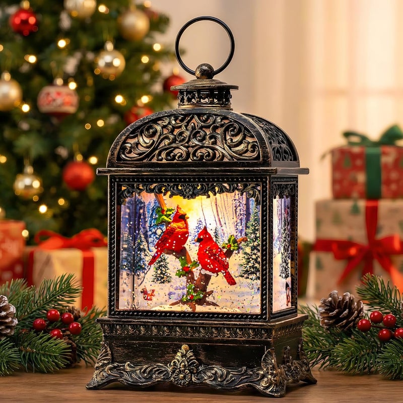 MXwcy Christmas Snow Globe Lighted Cardinal Scene, Musical Snow Water Lantern Swirling Glittering Holiday Decoration and Gift for Family Children or Friends - Image 1