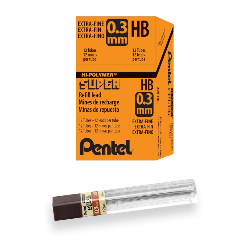 Pentel قلم رصاص بنتل سوبر هاي بوليمر، 0.3 مم، HB، علبة من 12 أنبوب (300-HB) - Image 1