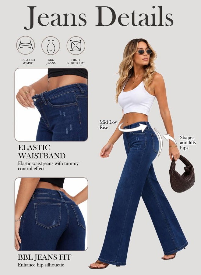 ONESO Mid-Low Rise Baggy Jeans Wide Leg for Women Distressed Pants Stretchy Bottom Lady Basic Comfortable Denim, Dark Blue, 20 Plus - Image 4