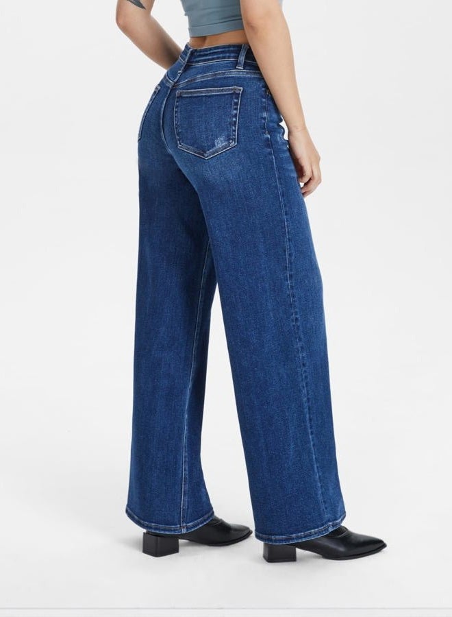 ONESO Mid-Low Rise Baggy Jeans Wide Leg for Women Distressed Pants Stretchy Bottom Lady Basic Comfortable Denim, Dark Blue, 20 Plus - Image 2