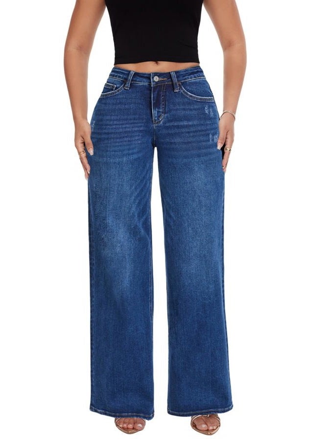 ONESO Mid-Low Rise Baggy Jeans Wide Leg for Women Distressed Pants Stretchy Bottom Lady Basic Comfortable Denim, Dark Blue, 20 Plus - Image 1
