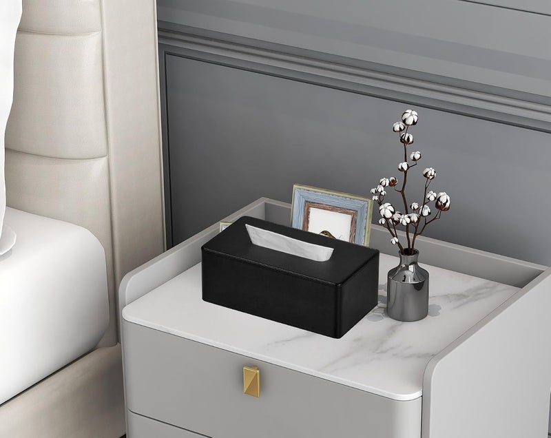 GOLRANLYE غطاء صندوق المناديل مستطيل 9.8 بوصة (طول) × 5.3 بوصة (عرض) × 4.3 بوصة (ارتفاع) موزع مناديل وجه من الجلد الصناعي المحدث المكرر لحامل صندوق لتزيين خزانة الحمام (أسود) - Image 4