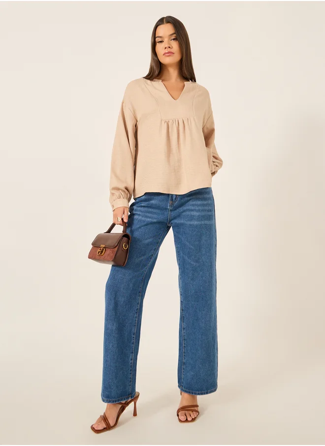 ستايلي Styli Balloon Sleeve V-Neck Linen Blouse