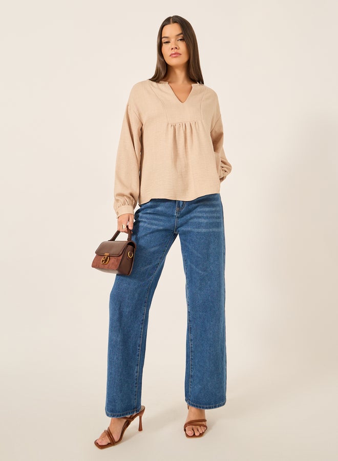 Styli Balloon Sleeve V-Neck Linen Blouse - Image 2