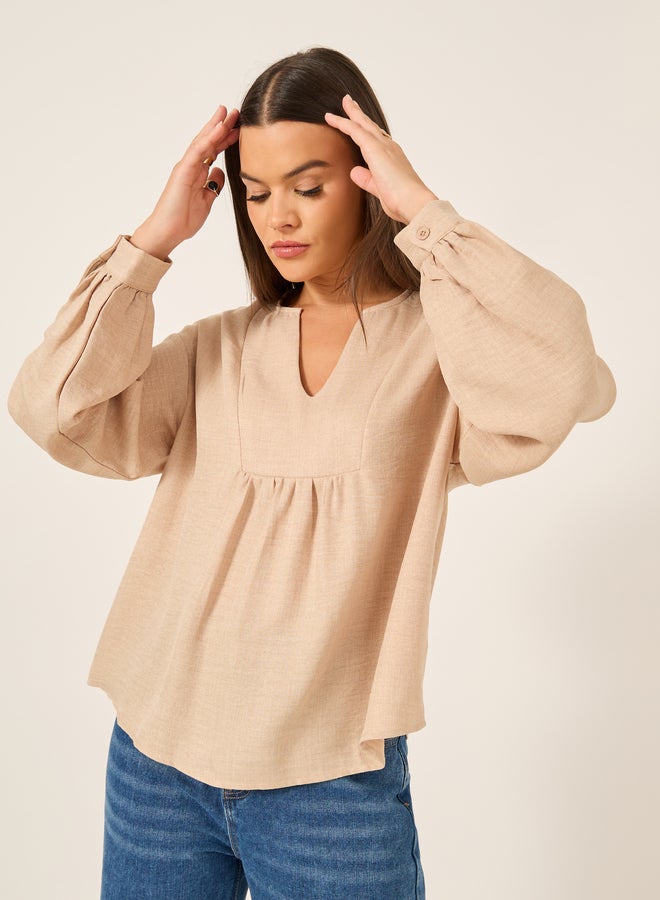 Styli Balloon Sleeve V-Neck Linen Blouse - Image 1