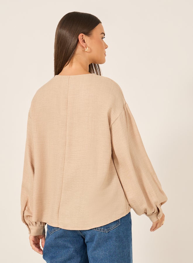 Styli Balloon Sleeve V-Neck Linen Blouse - Image 5