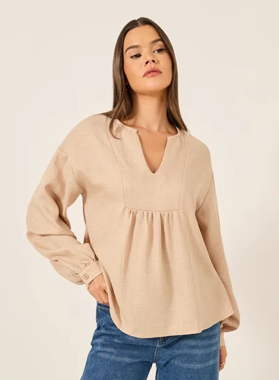 Styli Styli Balloon Sleeve V-Neck Linen Blouse