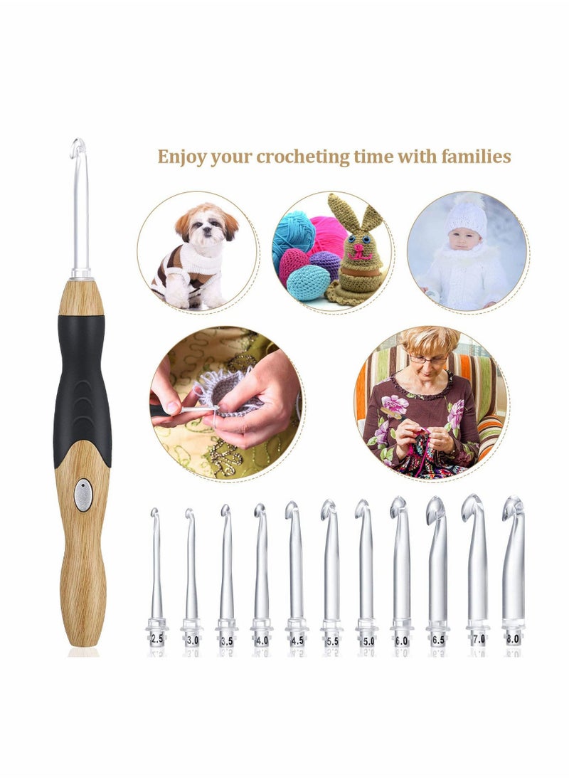 Y&D - 11 Sizes Lighted Crochet Hooks Set Rechargeable Hook Light Up with Case, Interchangeable Heads 2.5 mm to 8 for DIY Craft Supplies (Wood Color-Black) - Image 1