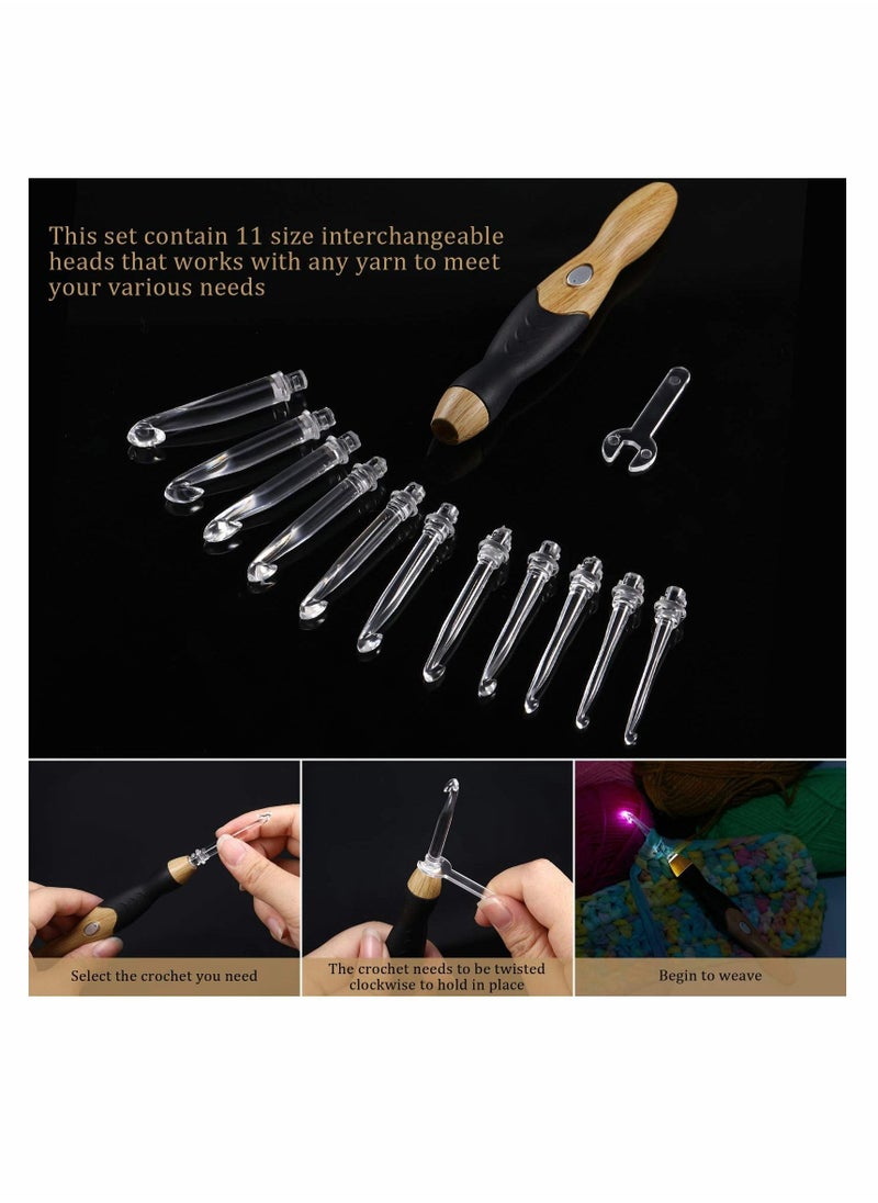 Y&D - 11 Sizes Lighted Crochet Hooks Set Rechargeable Hook Light Up with Case, Interchangeable Heads 2.5 mm to 8 for DIY Craft Supplies (Wood Color-Black) - Image 1