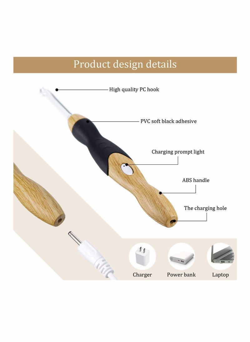 Y&D - 11 Sizes Lighted Crochet Hooks Set Rechargeable Hook Light Up with Case, Interchangeable Heads 2.5 mm to 8 for DIY Craft Supplies (Wood Color-Black) - Image 1