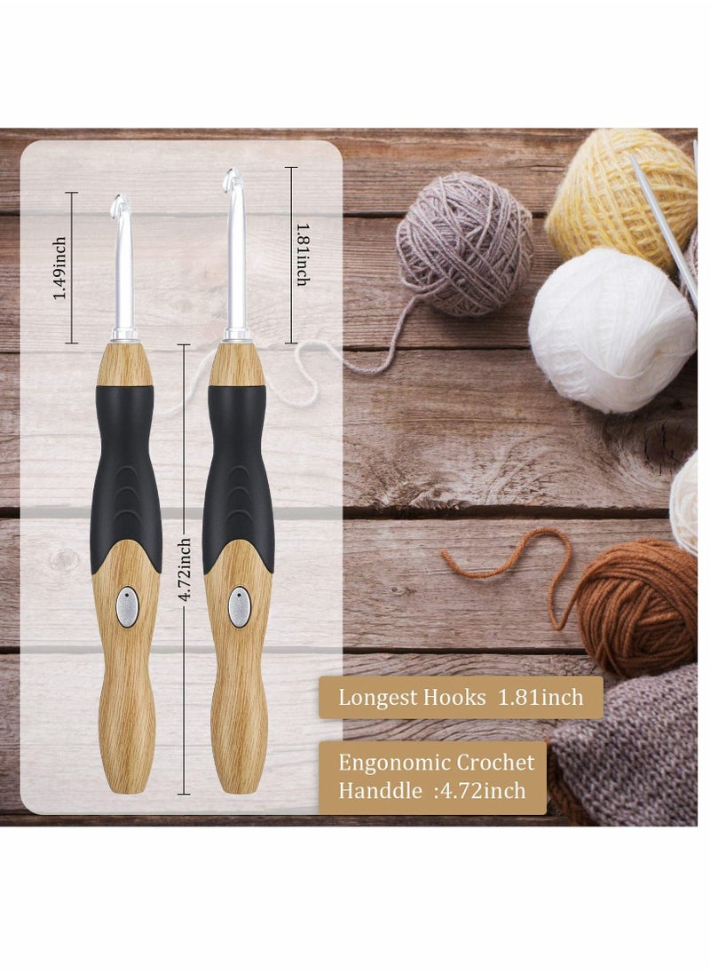 Y&D - 11 Sizes Lighted Crochet Hooks Set Rechargeable Hook Light Up with Case, Interchangeable Heads 2.5 mm to 8 for DIY Craft Supplies (Wood Color-Black) - Image 1