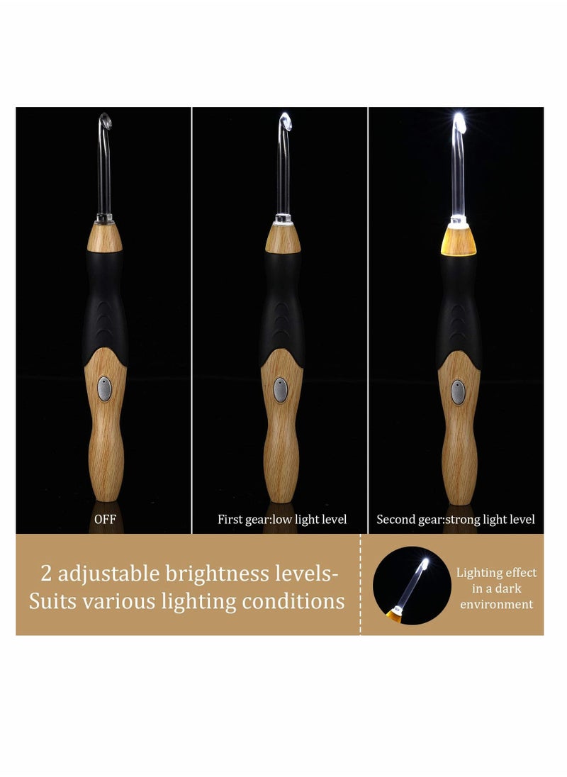 Y&D - 11 Sizes Lighted Crochet Hooks Set Rechargeable Hook Light Up with Case, Interchangeable Heads 2.5 mm to 8 for DIY Craft Supplies (Wood Color-Black) - Image 1