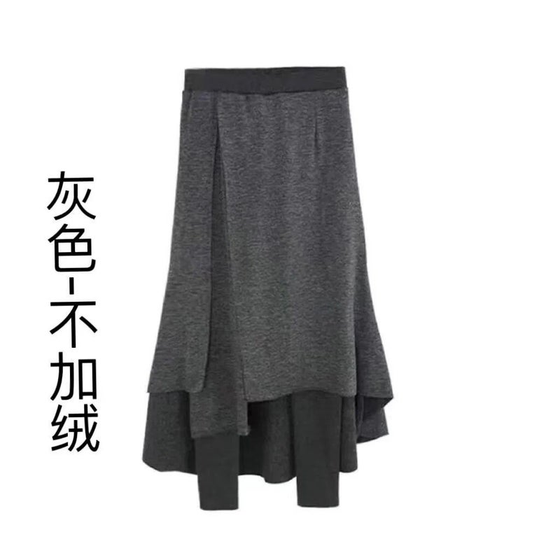European and American style irregular culottes womens new fake two-piece plus size skirt niche design multi-layer one-piece culottes fashion Gray [not fleece-lined]]