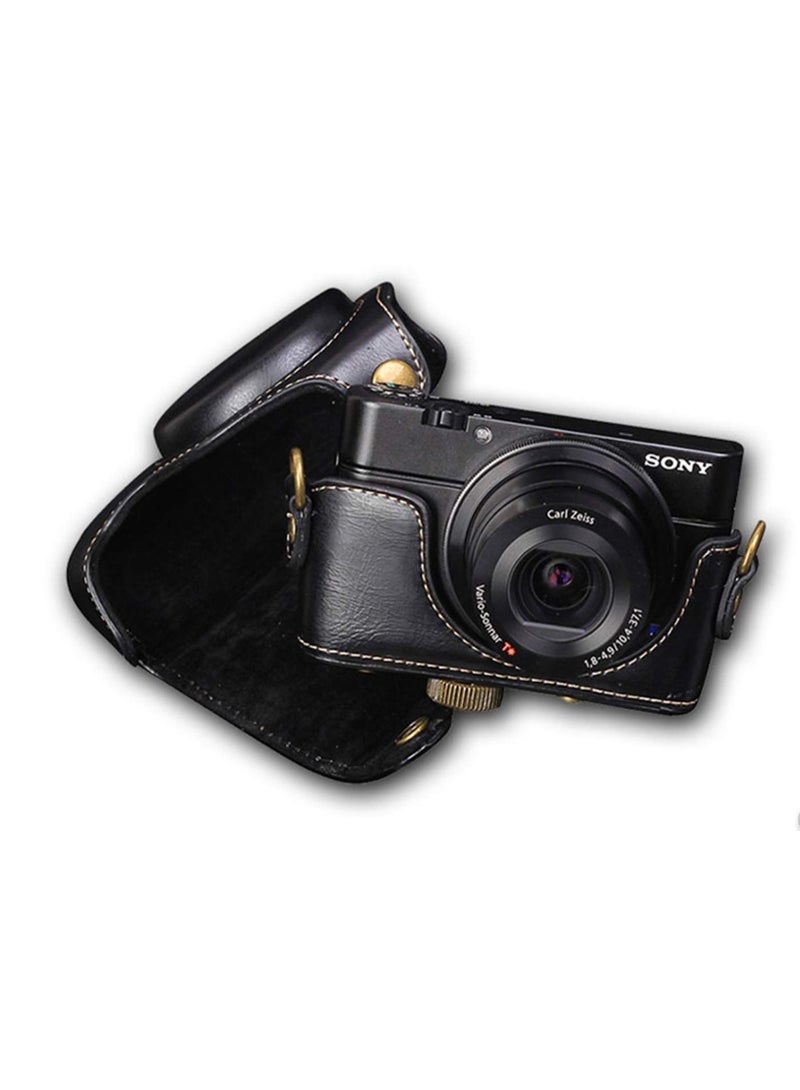 PU Leather Camera Bag Case Cover For Sony RX100 RX100II RX100III M3 DSC-RX100 III RX100M3 With Shoulder Strap Camera Bags (Black) - Image 5