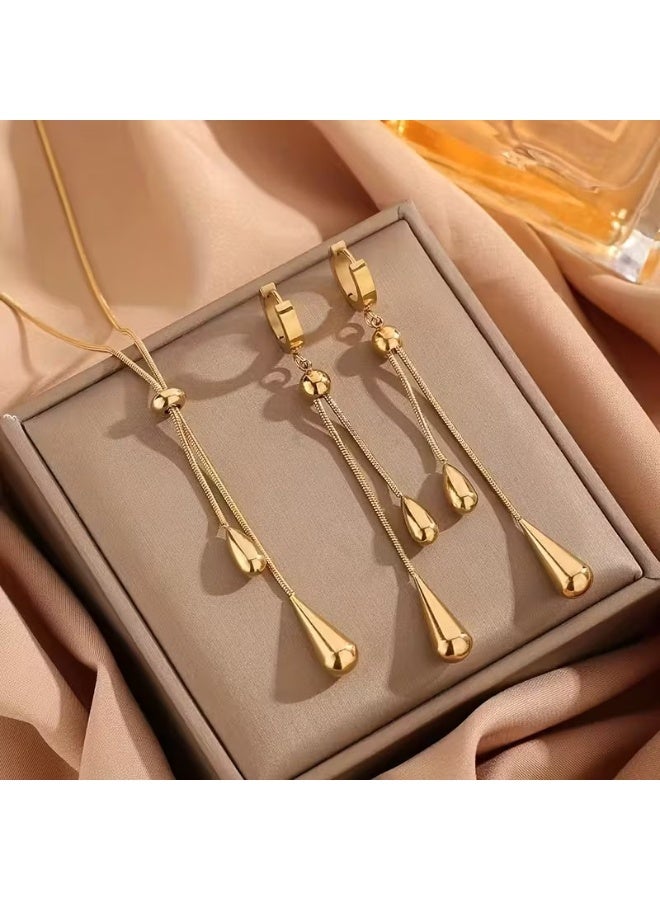 Rheena & Co. A Set of Easy Style Stainless Steel Tassel Earrings And a Necklace, Featuring Adjustable Drop Pull Additions - Image 5