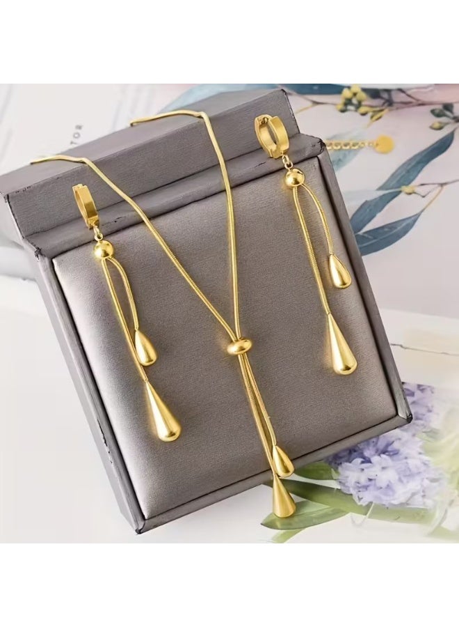 Rheena & Co. A Set of Easy Style Stainless Steel Tassel Earrings And a Necklace, Featuring Adjustable Drop Pull Additions - Image 4