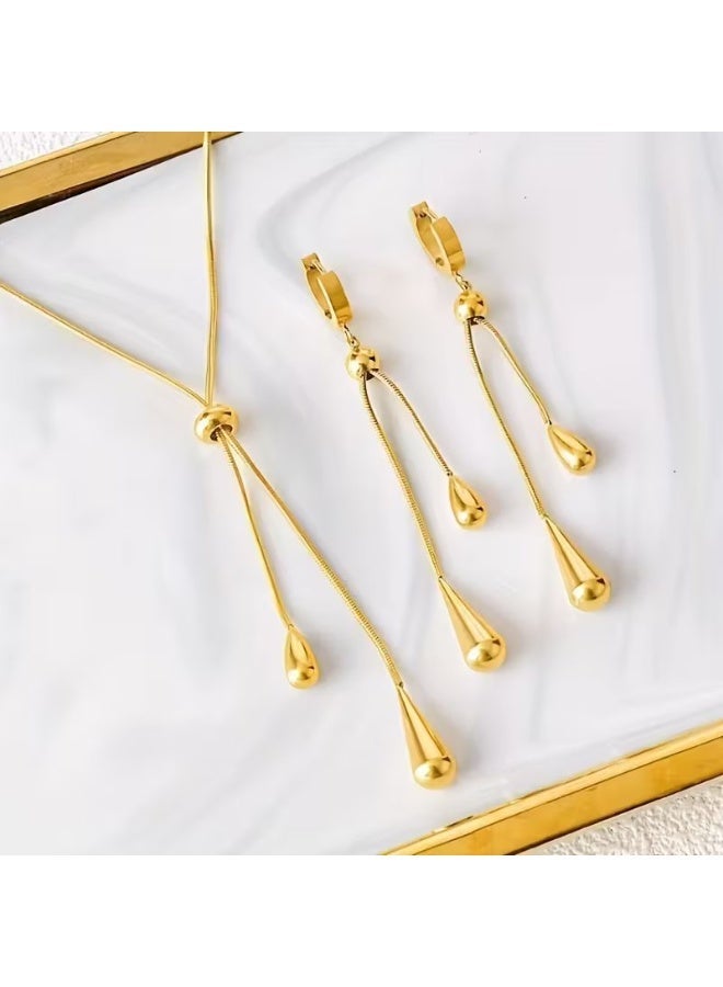 Rheena & Co. A Set of Easy Style Stainless Steel Tassel Earrings And a Necklace, Featuring Adjustable Drop Pull Additions - Image 1