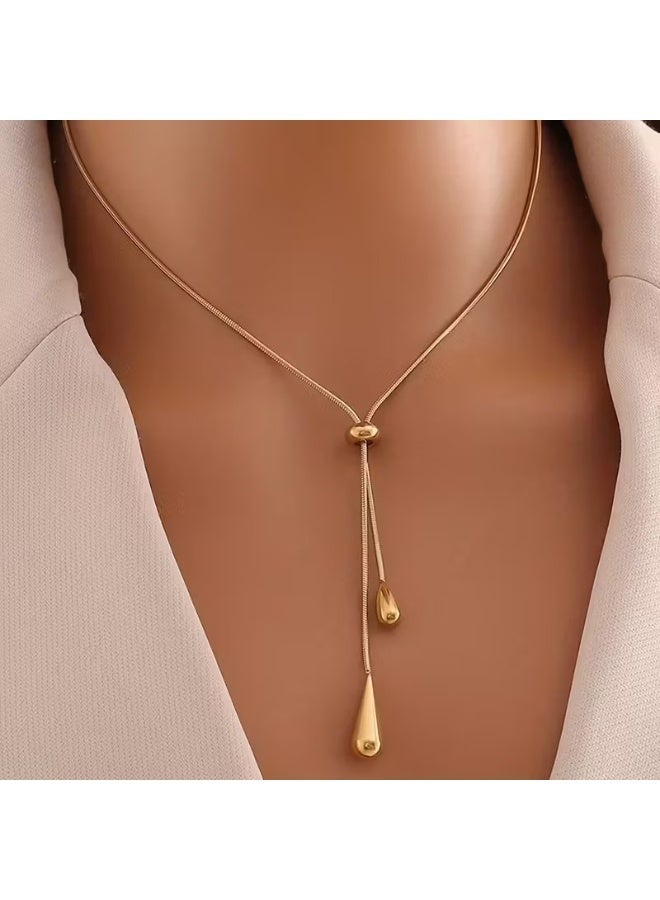 Rheena & Co. A Set of Easy Style Stainless Steel Tassel Earrings And a Necklace, Featuring Adjustable Drop Pull Additions - Image 2