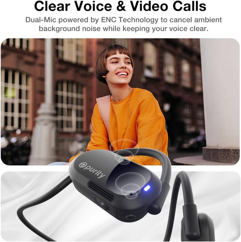 بيورتي سماعات Air المفتوحة - سماعات أذن مفتوحة بتقنية التوصيل الهوائي الحقيقي مع ميكروفون مزدوج لأجهزة iPhone/Android - راحة طويلة الأمد ومقاومة للعرق أثناء الرياضة (أسود/أسود) - Image 4