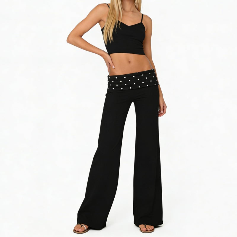 FOMOYUU Lounge Yoga Pants for Women Fold Over Low Waist Wide Leg Sweatpants Flare Leggings Bell Bottoms Y2K Foldover Pants (Black Dots, S) - Image 5