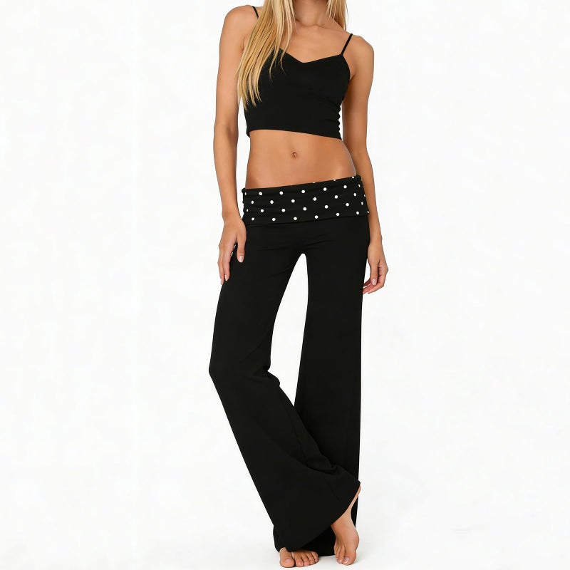 FOMOYUU Lounge Yoga Pants for Women Fold Over Low Waist Wide Leg Sweatpants Flare Leggings Bell Bottoms Y2K Foldover Pants (Black Dots, S) - Image 4