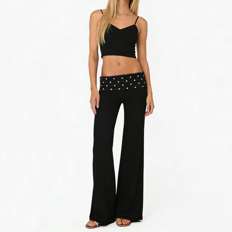 FOMOYUU Lounge Yoga Pants for Women Fold Over Low Waist Wide Leg Sweatpants Flare Leggings Bell Bottoms Y2K Foldover Pants (Black Dots, S) - Image 2