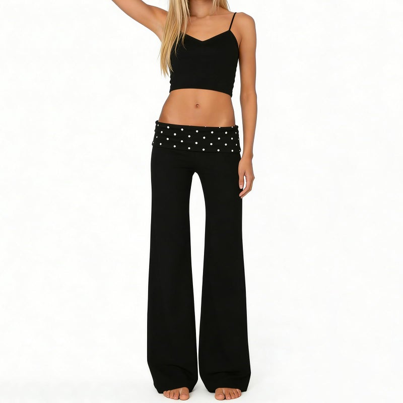 FOMOYUU Lounge Yoga Pants for Women Fold Over Low Waist Wide Leg Sweatpants Flare Leggings Bell Bottoms Y2K Foldover Pants (Black Dots, S) - Image 3