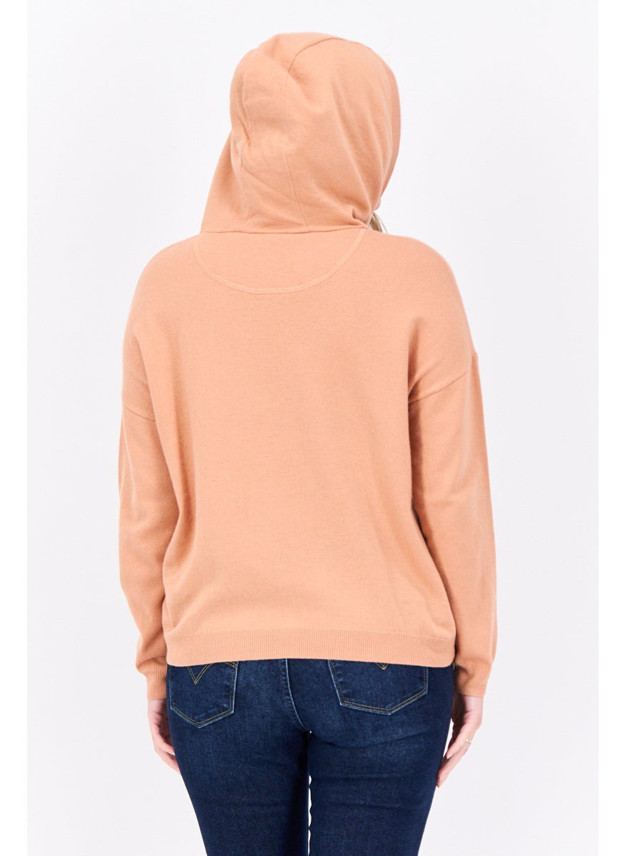 Lyle & Scott - Women Hooded Embroidered Logo Sweater, Peach - Image 1