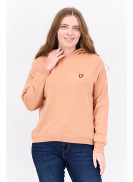 Women Hooded Embroidered Logo Sweater, Peach