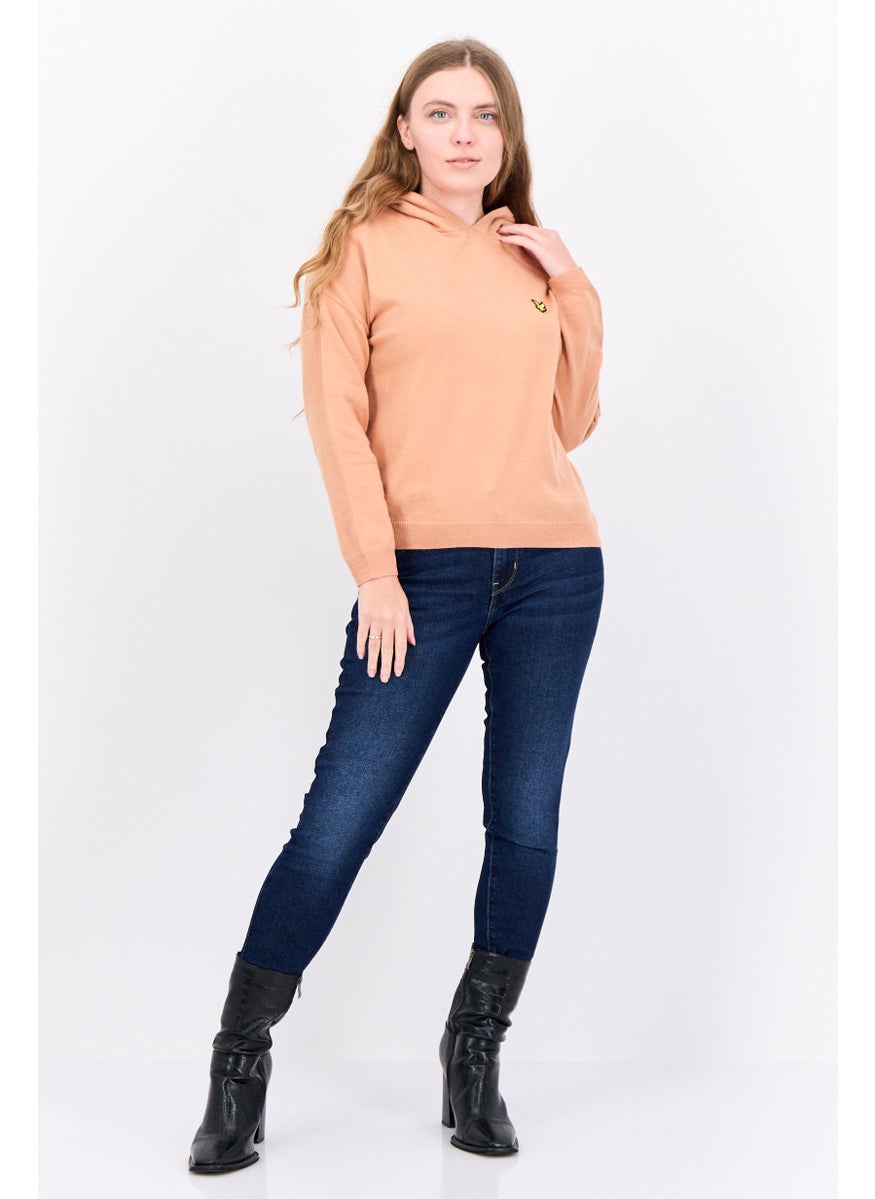 Lyle & Scott - Women Hooded Embroidered Logo Sweater, Peach - Image 1