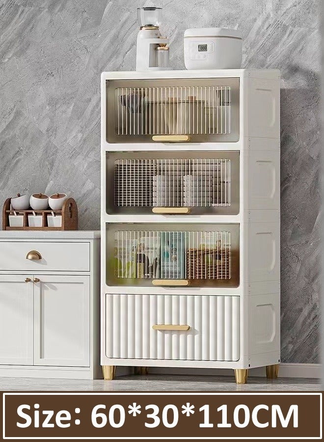Multipurpose 4 Layers Storage Cabinet Freestanding Narrow Side Organizer Cabinet with 3 Flip Top Magnetic Lids and 1 Spacious Drawer for Bathroom Hallway Kitchen Bedroom 60x30x110 cm
