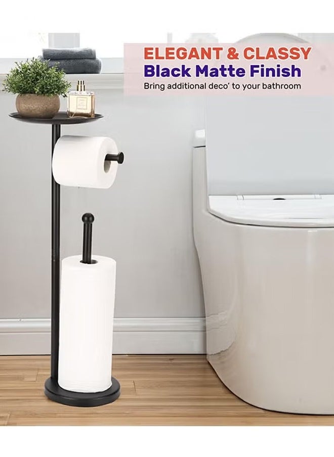 Quivlox - Stainless Steel Toilet Paper Holder with Phone Shelf Bathroom Toliet Decor Decoration Tissue Paper Roll Holder Free Standing Storage for Bathroom Floor Standing Toilet Roll Dispenser(Black) - Image 1