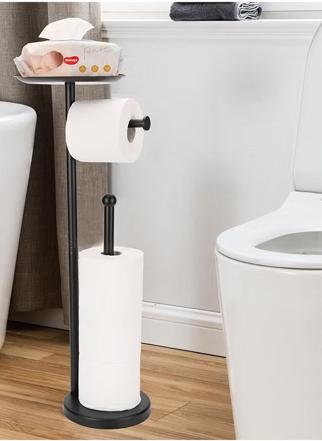 Quivlox - Stainless Steel Toilet Paper Holder with Phone Shelf Bathroom Toliet Decor Decoration Tissue Paper Roll Holder Free Standing Storage for Bathroom Floor Standing Toilet Roll Dispenser(Black) - Image 1