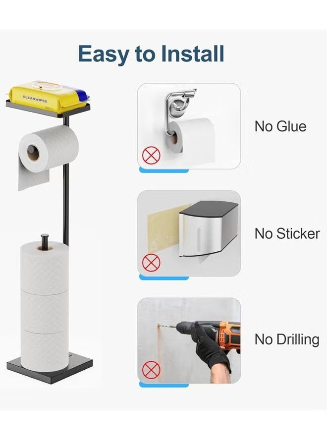 Quivlox - Stainless Steel Toilet Paper Holder with Phone Shelf Bathroom Toliet Decor Decoration Tissue Paper Roll Holder Free Standing Storage for Bathroom Floor Standing Toilet Roll Dispenser(Black) - Image 1