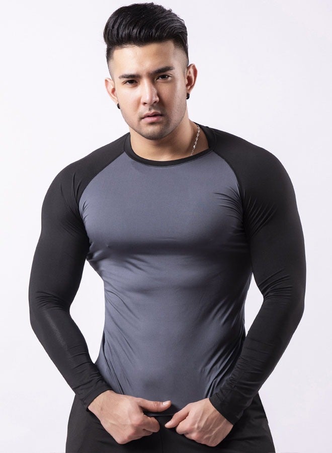 Men's Long Sleeve Compression Shirt Compression T-Shirt for Workout Sports Fitness Muscle Training Sportswear (Iron Gray + Black Sleeves) - Image 4