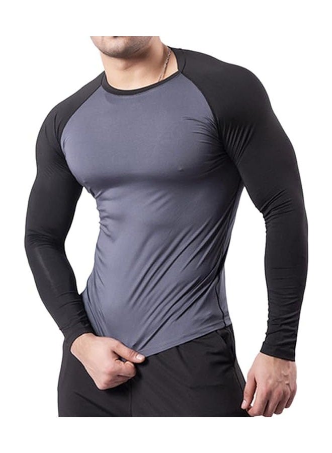 Men's Long Sleeve Compression Shirt Compression T-Shirt for Workout Sports Fitness Muscle Training Sportswear (Iron Gray + Black Sleeves) - Image 1
