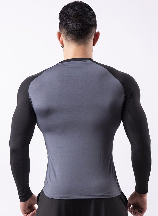Men's Long Sleeve Compression Shirt Compression T-Shirt for Workout Sports Fitness Muscle Training Sportswear (Iron Gray + Black Sleeves) - Image 3